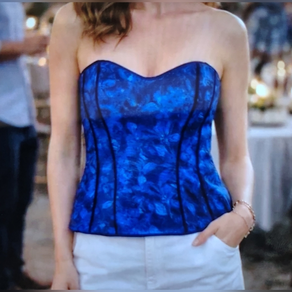 White House Black Market Blue Strapless Floral Bustier Top